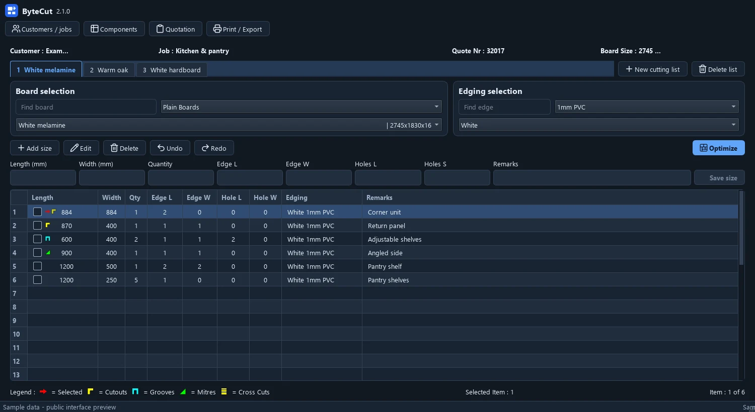 ByteCut component editor showing a sample job, material cutting-list tabs and whole-millimetre dimensions.